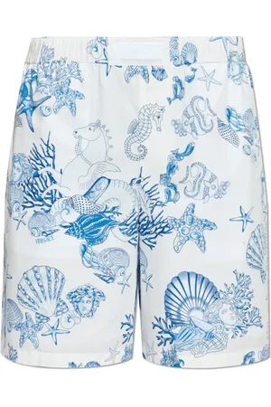 VERSACE Korte broeken, Heren, Blauw, XL, Katoen, Shorts met Coral Theatre Allover print