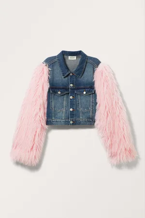 Monki Cropped Faux Fur Sleeve Denim Jacket