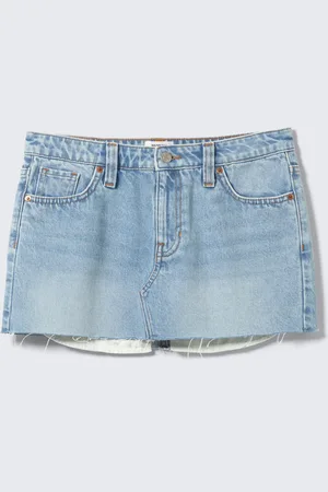 Monki Low Rise Raw Hem Mini Denim Skirt