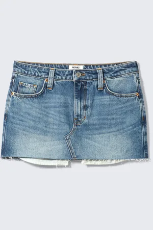 Monki Low Rise Raw Hem Mini Denim Skirt