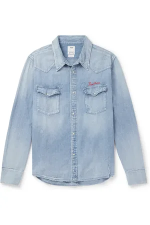 VISVIM Peerless Distressed Logo-Embroidered Washed-Denim Shirt - Men - - 3