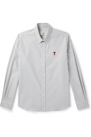 Ami Button-Down Collar Logo-Embroidered Striped Cotton Oxford Shirt - Men - - XL