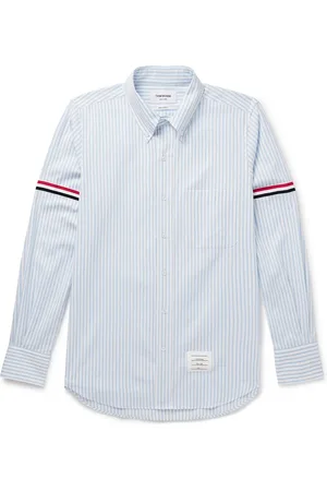 Thom Browne Button-Down Collar Grosgrain-Trimmed Striped Cotton-Voile Shirt - Men - - 3