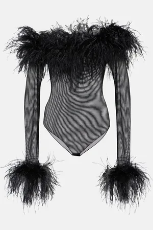 Oseree Feather-trimmed mesh bodysuit