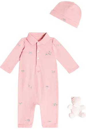 Ralph Lauren Baby cotton onesie, hat, and teddy bear set
