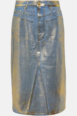 Ganni Gold-foiled denim midi skirt