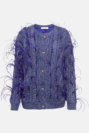 VALENTINO Feather-trimmed cable-knit cardigan