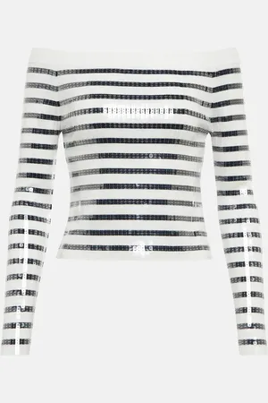 Jean Paul Gaultier Sequined striped off-shoulder sweater