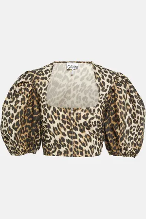 Ganni Leopard-printed cotton crop top