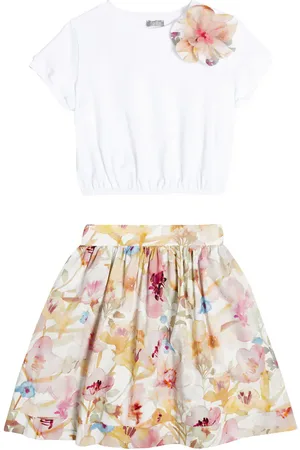 Il gufo Set of cotton T-shirt and floral skirt