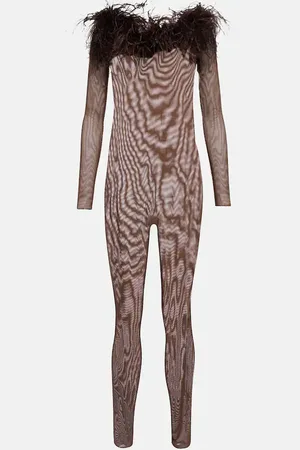 Oseree Feather-trimmed mesh jumpsuit