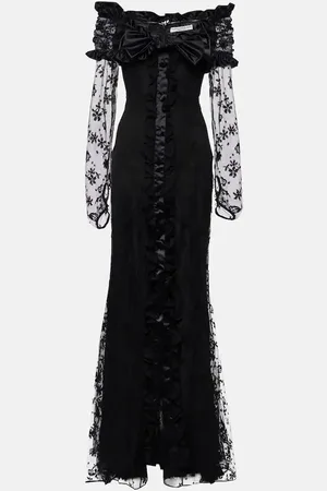 Alessandra Rich Bow-detail ruffled off-shoulder lace gown