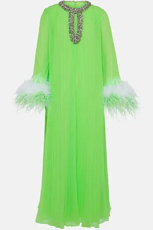 Self-Portrait Pleated feather-trimmed chiffon gown