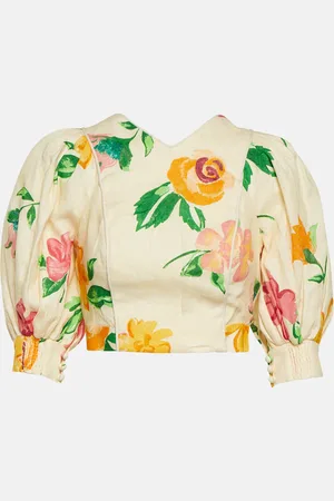 ALÉMAIS Puff-sleeve floral linen crop top