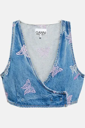 Ganni Embroidered denim crop top