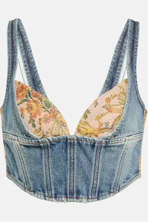 Alessandra Rich Floral cropped denim bustier top