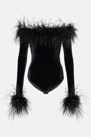 Oseree Feather-trimmed velvet bodysuit