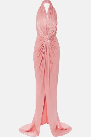 Costarellos Joa draped metallic georgette gown