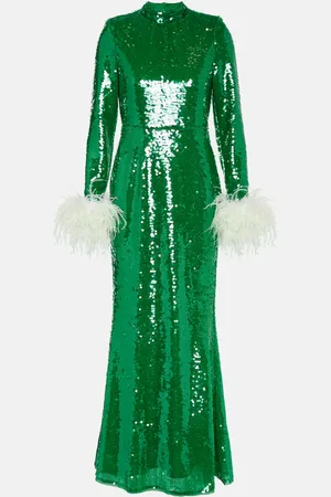 Self-Portrait Sequined feather-trimmed gown
