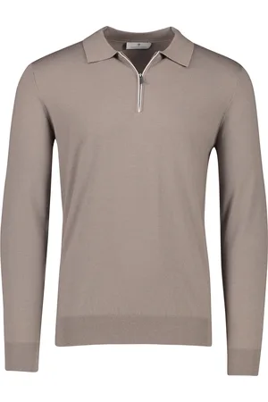 Thomas Maine Lichtbruine trui half zip merinowol