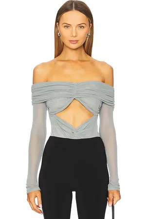 LAPOINTE Mesh Off The Shoulder Cut Out Ruched Bodysuit in