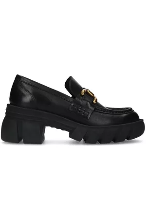 Sacha Dames Loafers - Zwarte leren chunky loafers met goudkleurige chain