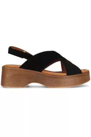 Sacha Dames Leren Sandalen - Zwarte leren plateau sandalen