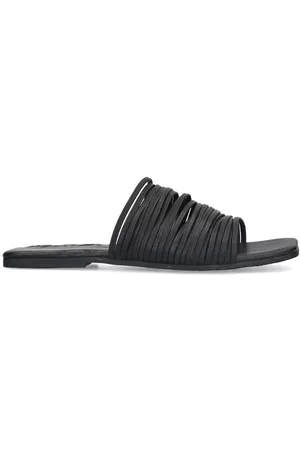 Sacha Dames Slippers - Zwarte leren slippers met bandjes