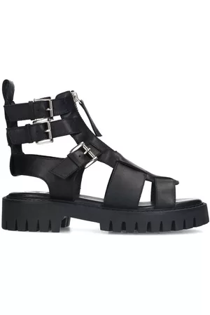 Sacha Dames Leren Sandalen - Zwarte leren chunky sandalen