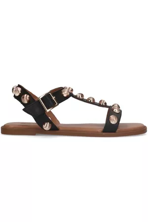 Sacha Dames Leren Sandalen - Zwarte leren sandalen met goudkleurige studs