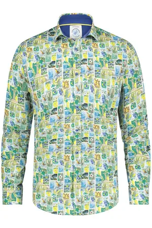 A fish named fred Casual overhemd slim fit geel geprint katoen