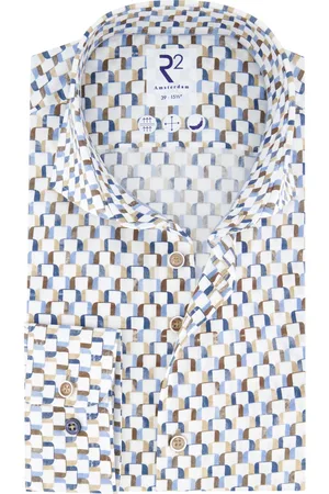 R2 Westbrook Overhemd blauw bruin geprint wide spread katoen