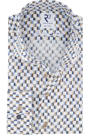R2 Westbrook Overhemd mouwlengte 7 blauw wit geprint katoen