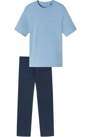 Schiesser Pyjama lichtblauw donkerblauw effen katoen