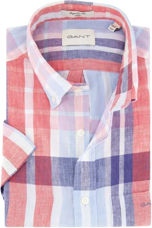 GANT Overhemd korte mouw blauw wit geruit linnen