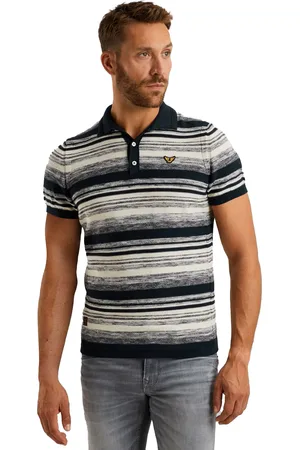 PME Legend™ Cotton slub grad knitted polo wit navy met streeppatroon
