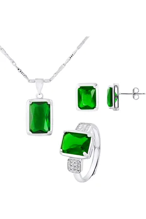 LOVA Ketting set, oorbellen en verstelbare ring "smaragdgroene kleur" kristal en zirkoniumoxiden 925 - Gatsby