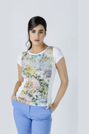 Conquista Witte top met korte mouwen en bloemenprint