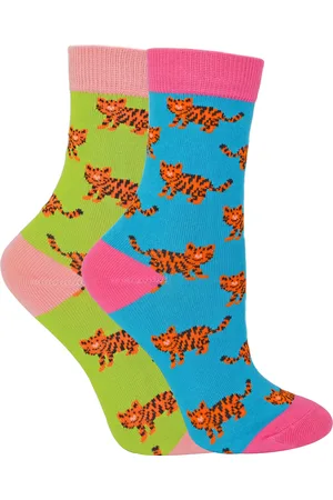 Miss Sparrow Set van 2 sokken met dierenprint voor meisjes | | Casual grappig patroon crew bamboe sokken | Grappige nieuwe sokken voor kinderen - Tijgers