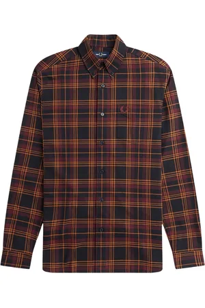 Fred Perry Bordeauxrood geborsteld twill tartan overhemd met lange mouwen