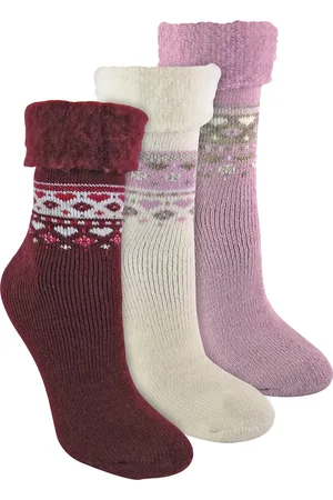 Sock Snob 3 Paar Dames Omslag Bovenwol Bed Sokken voor Winter | Warme Sokken - Diepe Fuchsia / Roze / Crème