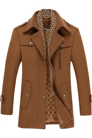 Allthemen Heren winter verdikte effen kleur revers casual wollen jas met gestreepte kraag