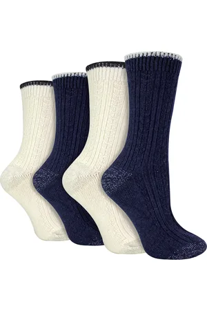 Wild Feet 4-Paar Dames Kabel Brei Sokken | Lurex Glittersokken voor Vrouwen - Blauw / crème