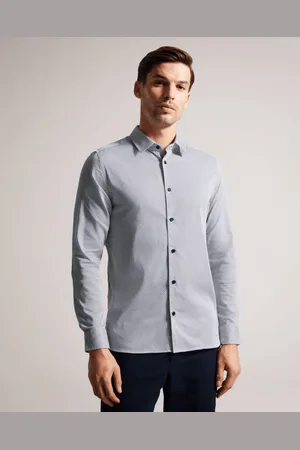 Ted Baker Alham overhemd met lange mouwen, fijne geometrische print en stretch voor heren, marineblauw