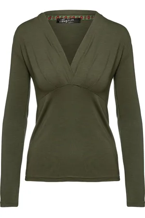 Conquista Khaki imitatiewikkeltop met lange mouwen van duurzame stretchjersey