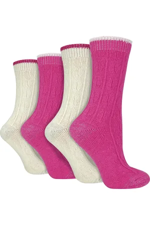 Wild Feet 4-Paar Dames Kabel Brei Sokken | Lurex Glittersokken voor Vrouwen - Crème / roze