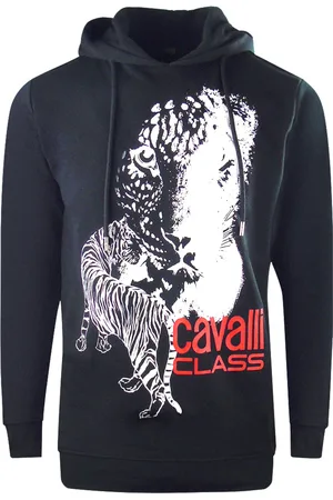 Roberto Cavalli Marineblauwe hoodie met Cavalli-klasse groot tijgerlogo