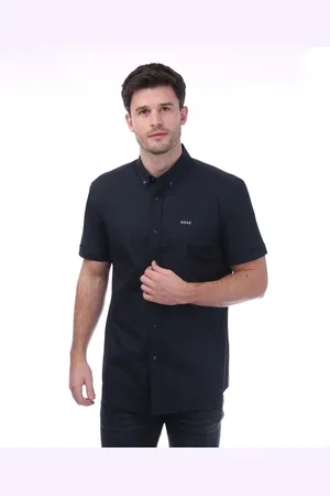 HUGO BOSS Heren Slim-Fit overhemd met korte mouwen in donkerblauw