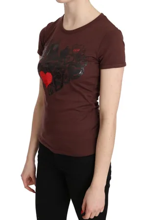 Exte Bruine Korte Mouw Tshirt Voor Dames Met Rood En Zwart Hartvormig Ontwerp