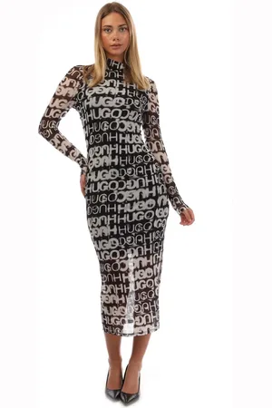 HUGO BOSS Dames Jurk Nortensis Lange Mouw in Zwart-Wit